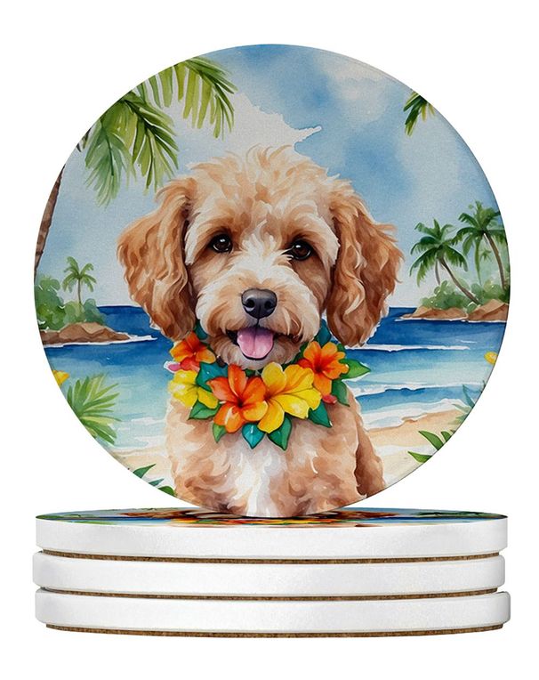 Cockapoo Luau Large Sandstone Coasters Pack Of 4 Absorbent Round Coasters Decor Gifts For Men Or Women, 4 In, Multicolor_maomaolike.com