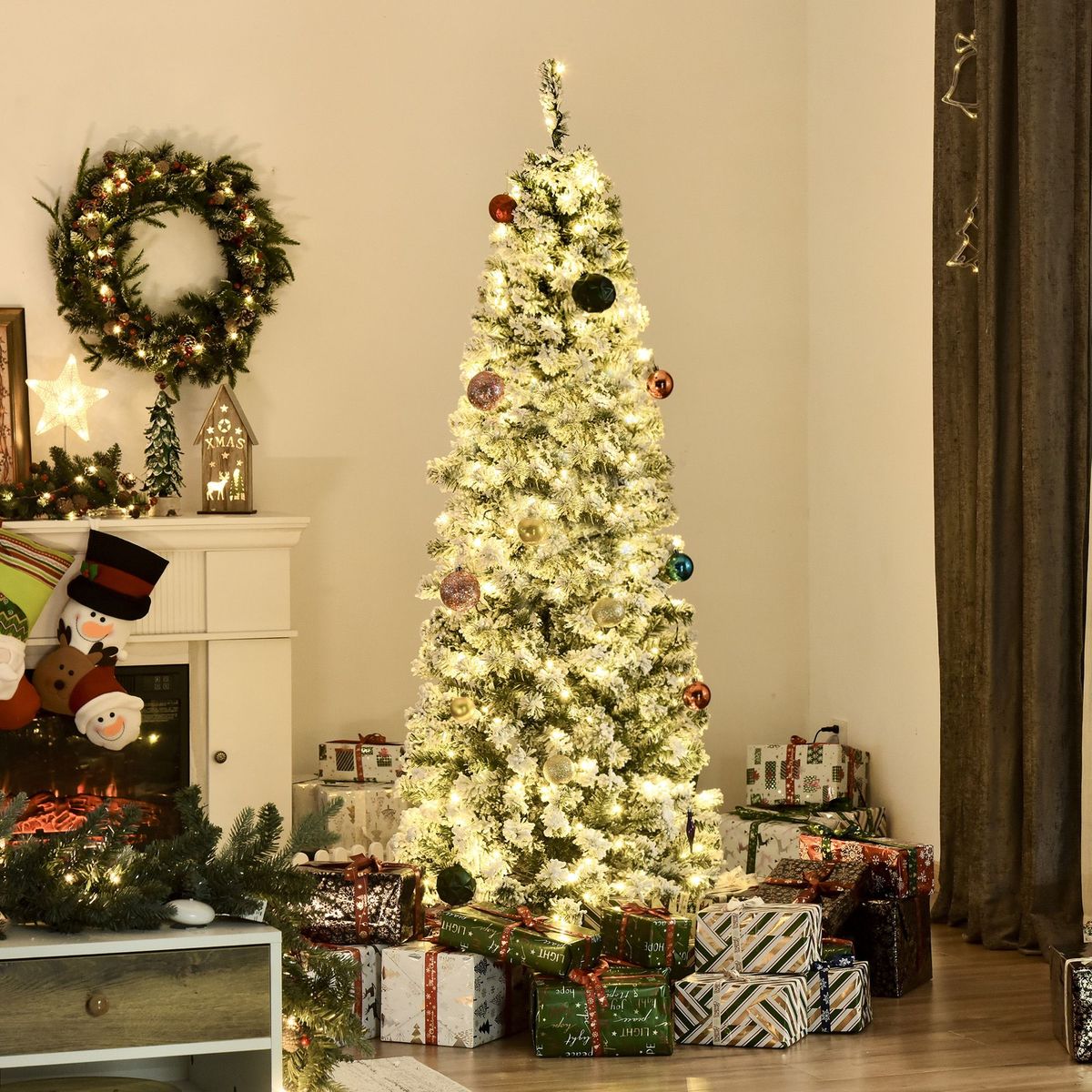 6 Ft Pre-Lit Snow-Flocked Slim Douglas Fir Artificial Christmas Tree With Realistic Branches, 250 LED Lights And 462 Tips_maomaolike.com
