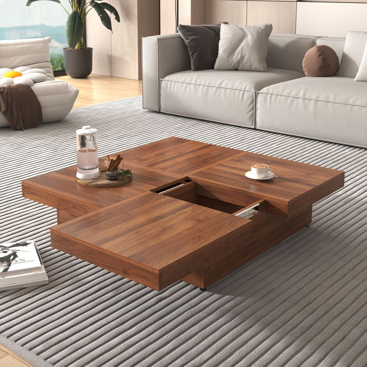 Square Marble Veneer Coffee Table Sliding Top With Storage In 39.4''_maomaolike.com