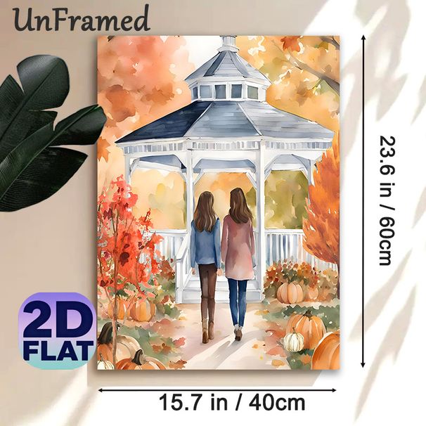 Autumn Gazebo & Friends Painting Poster, Warm Watercolor Style Poster, Cozy Fall Scene With Two Figures, Pumpkins And Foliage, Ideal For Living Room_maomaolike.com