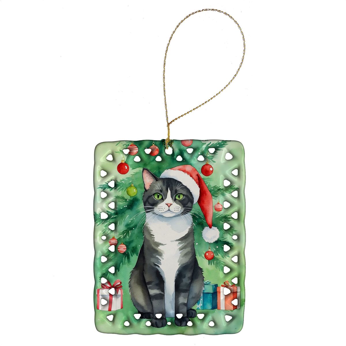 American Polydactyl Cat By The Christmas Tree Porcelain Ornament Christmas Tree Hanging Decorations For Home Christmas Holiday, Rectangle, Gift, Multicolor_maomaolike.com