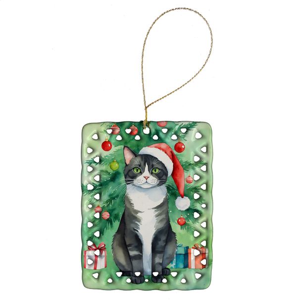 American Polydactyl Cat By The Christmas Tree Porcelain Ornament Christmas Tree Hanging Decorations For Home Christmas Holiday, Rectangle, Gift, Multicolor_maomaolike.com