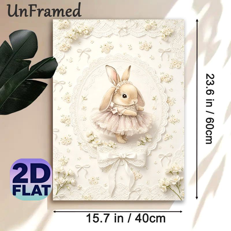 Ballerina Bunny Painting Poster, Delicate Watercolor Style Poster, Soft Elegant Bunny In Pastel Lace Dress With Floral Details, Ideal For Bedroom And_maomaolike.com