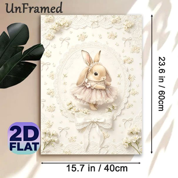 Ballerina Bunny Painting Poster, Delicate Watercolor Style Poster, Soft Elegant Bunny In Pastel Lace Dress With Floral Details, Ideal For Bedroom And_maomaolike.com
