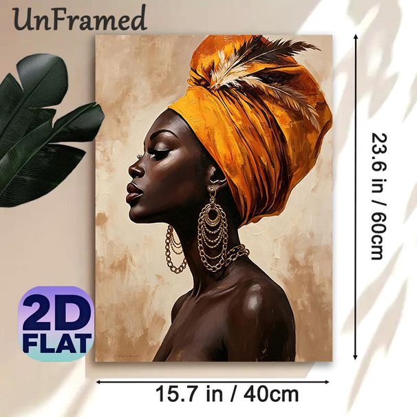 African Woman Portrait Painting Poster, Vibrant Textured Oil Style Poster, Elegant Figure In Orange Headwrap With Golden Jewelry, Artistic Cultural_maomaolike.com