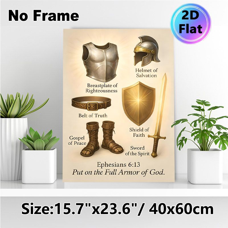 Armor Of God Themed Painting Poster, Warm-toned Detailed Biblical Armor Elements Poster, Inspirational Religious Verse Decor For Home, Church & Study_maomaolike.com