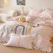 Beautiful Princess Style Pink Rainbow Ruffled Edge Washed Pure Cotton Children's Bedding Set Of Three Or Four Pieces_maomaolike.com