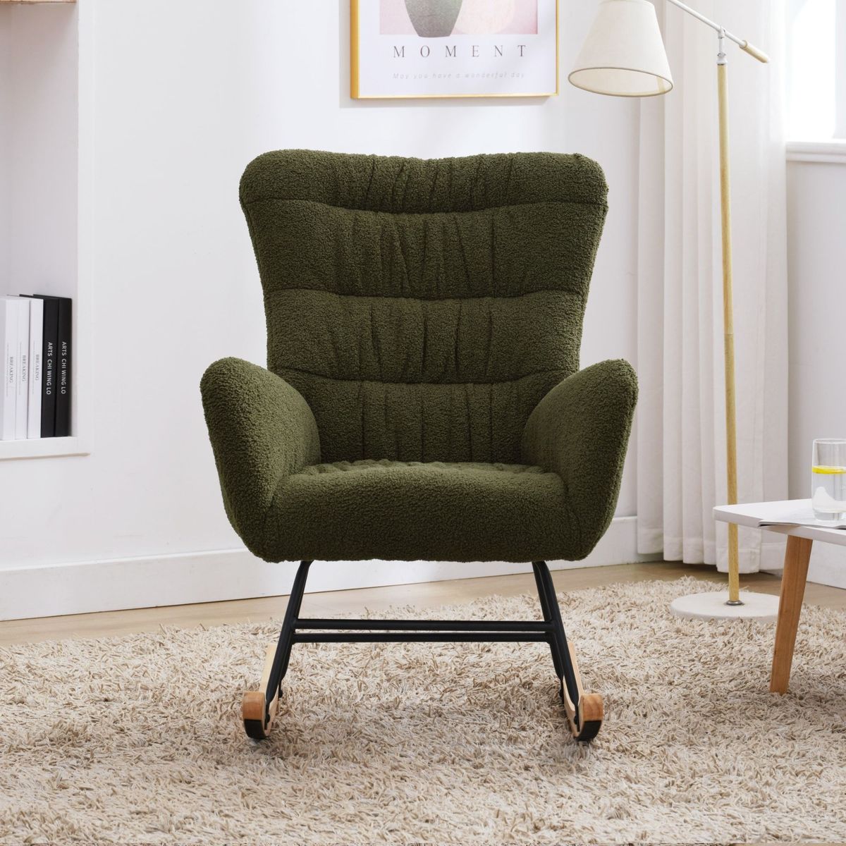 Rocking Chair With Pocket, Soft Teddy Fabric Rocking Chair For Nursery, Comfy Wingback Golider Rocking Chair With Safe Solid Wood Base For Living Room Bedroom Balcony(ROSY-BROWN)_maomaolike.com