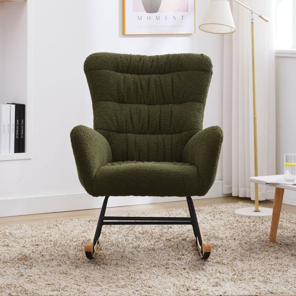 Rocking Chair With Pocket, Soft Teddy Fabric Rocking Chair For Nursery, Comfy Wingback Golider Rocking Chair With Safe Solid Wood Base For Living Room Bedroom Balcony(ROSY-BROWN)_maomaolike.com