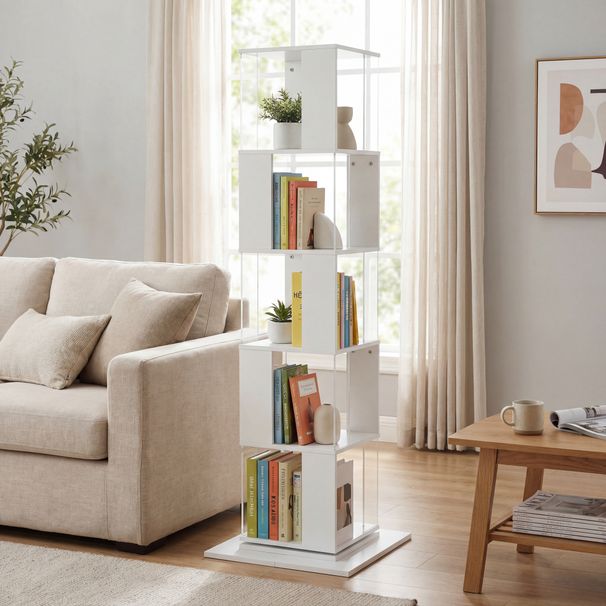 360 Rotating Bookshelf With Acrylic Plate, 5-Tier Tall, Floor Rack Simple Bookcase, Modern Display Shelf For Living Room Home Office Bedroom_maomaolike.com
