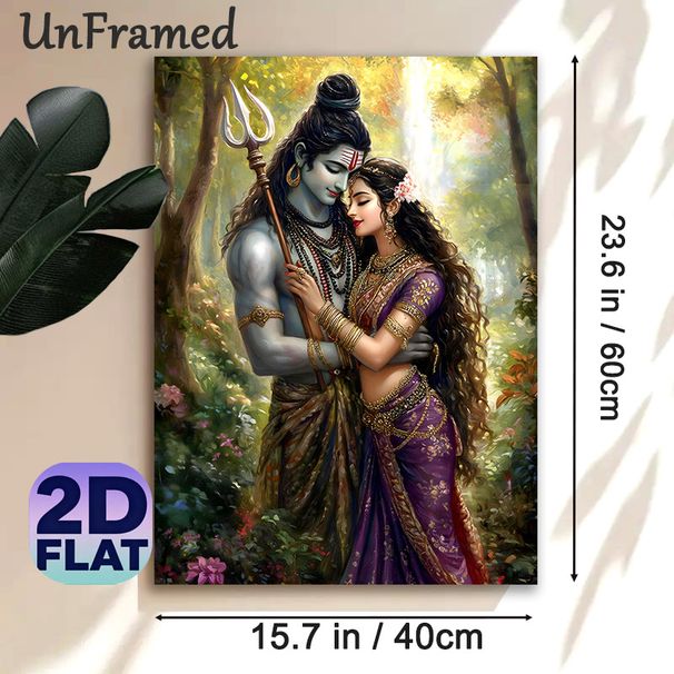 Shiva & Parvati Themed Painting Poster, Vibrant Romantic Forest Scene Poster, Exquisite Traditional Adornment Details, Ideal For Home And Prayer Room_maomaolike.com