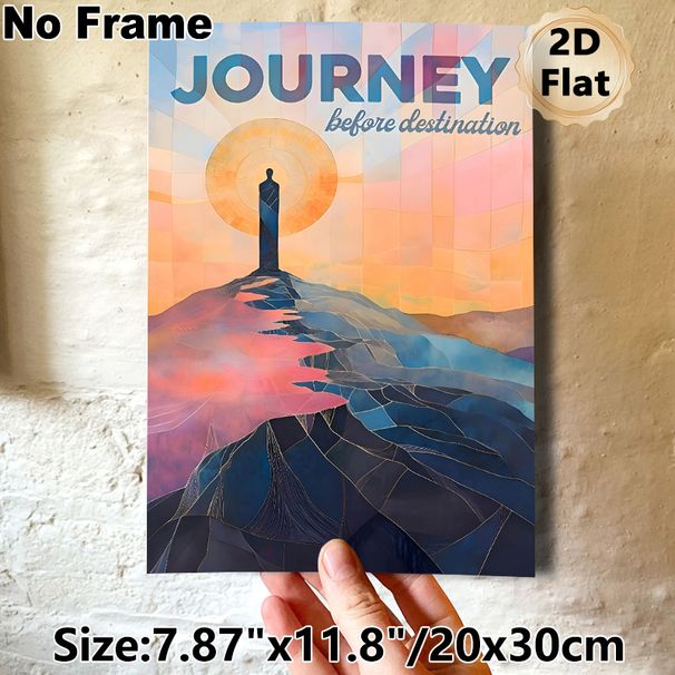 Inspirational Journey Painting Poster, Vibrant Stained-Glass Style Mountain & Figure Scene Poster, Motivational Quote Decor Ideal For Home Office_maomaolike.com
