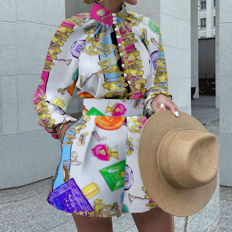Women's fashion printed long sleeve top loose shorts suit_maomaolike.com