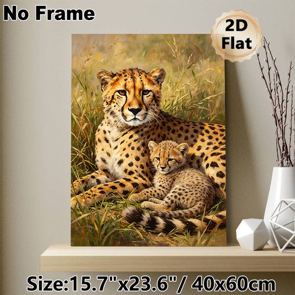 Cheetah Family Painting Poster, Realistic Oil Style Poster, Warm Scene Of Adult Cheetah With Cub In Savanna Grass, Elegant Animal Artwork For Living_maomaolike.com