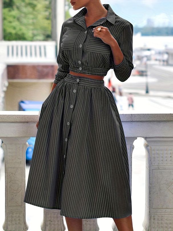 Women's Clothing Fashion Style Long Sleeve Striped Shirt Set Skirt Two Piece Set_maomaolike.com
