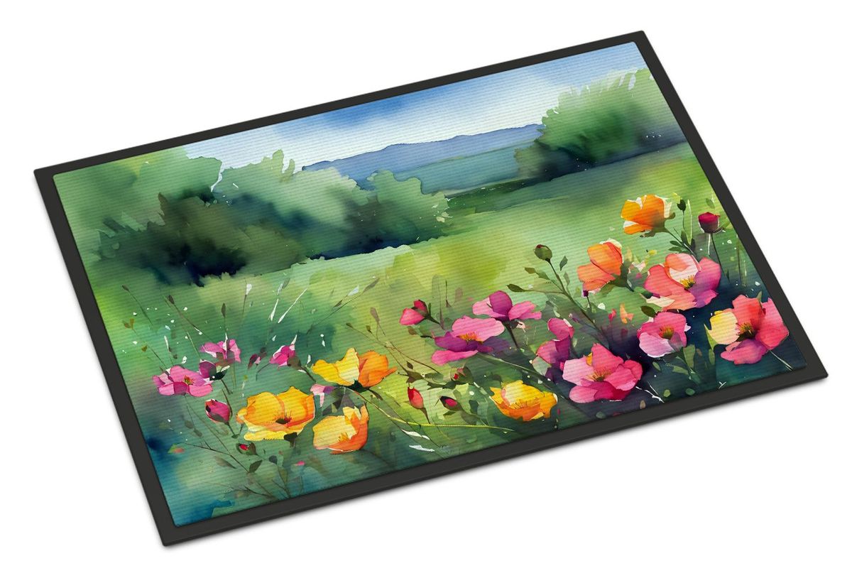 North Dakota Wild Prairie Roses In Watercolor Doormat Front Door Mat Indoor Outdoor Rugs For Entryway, Non Slip Washable Low Pile, 24H X 36W_maomaolike.com
