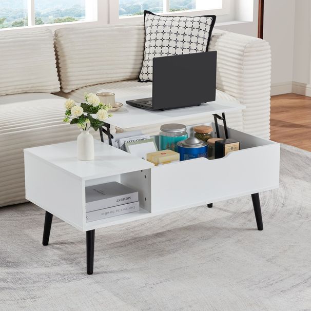 39" Wood Lift Top Coffee Table With Hidden Compartment And Storage Shelf For Living Room, Reception Room, White_maomaolike.com
