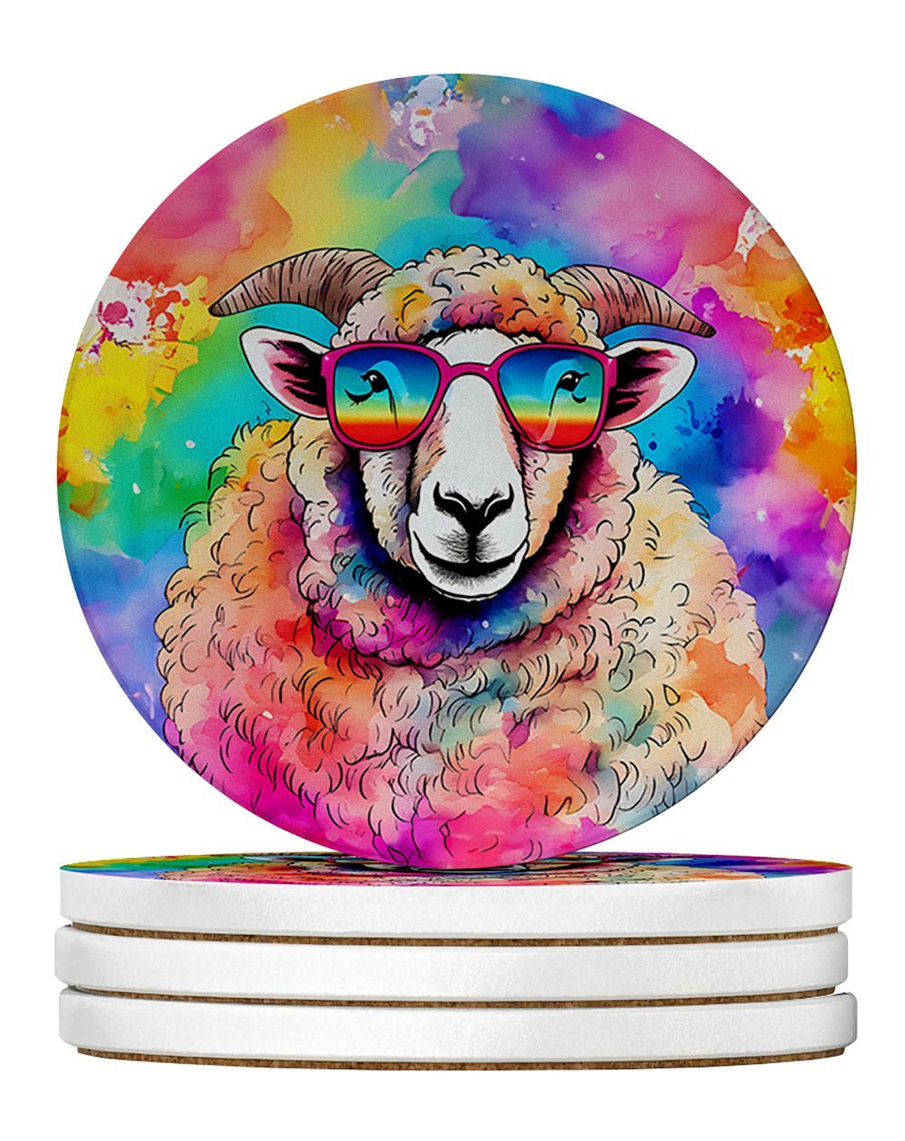 Hippie Animal Sheep Large Sandstone Coasters Pack Of 4 Absorbent Round Coasters Decor Gifts For Men Or Women, 4 In, Multicolor_maomaolike.com