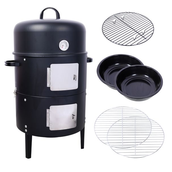 17 Inch Steel Charcoal Smoker, Heavy Duty Round BBQ Grill For Outdoor Cooking, Black_maomaolike.com