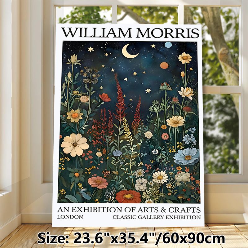 William Morris Night Wildflower Painting Poster, Vintage Arts & Crafts Style Celestial Floral Poster, Timeless Artistic Decor Ideal For Living Room_maomaolike.com