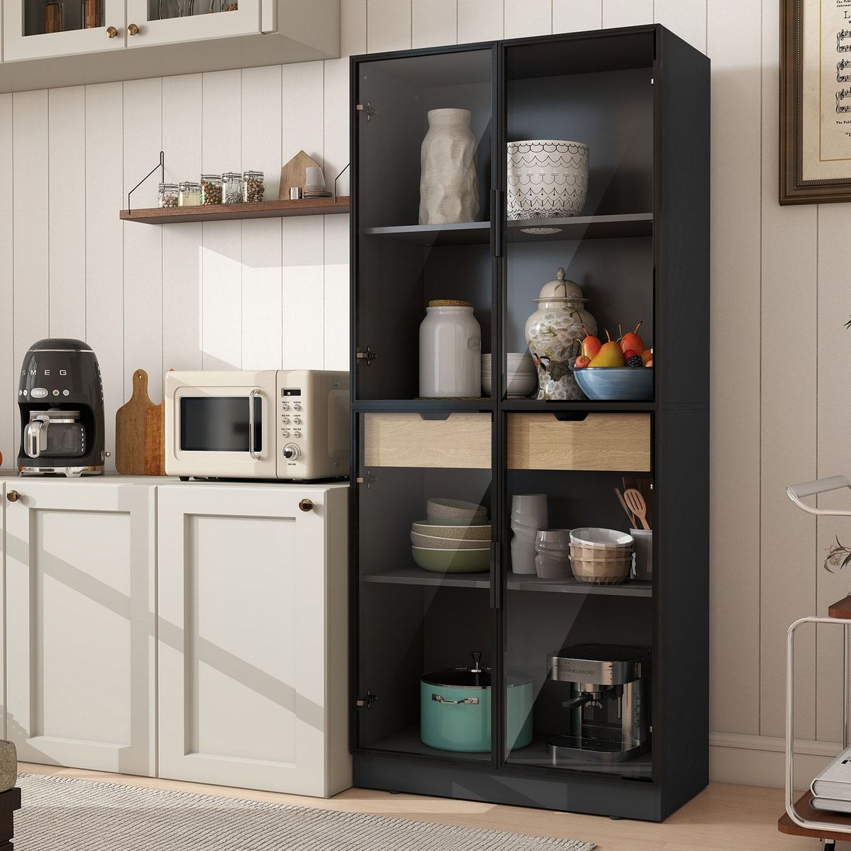 Display Cabinet With Glass Doors, Tall Storage Cabinet With 3 Color Lights, Curio Display Case With 4-Tier Storage Shelves And Drawer For Collectibles, Living Room, Home Office_maomaolike.com