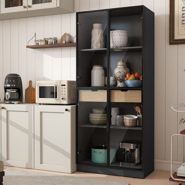 Display Cabinet With Glass Doors, Tall Storage Cabinet With 3 Color Lights, Curio Display Case With 4-Tier Storage Shelves And Drawer For Collectibles, Living Room, Home Office_maomaolike.com
