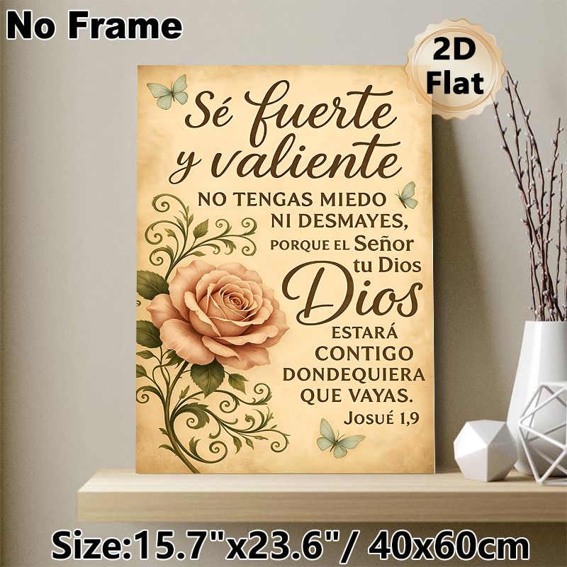 Spanish Religious Scripture Painting Poster, Vintage Rustic Style Poster, With Soft Pink Rose, Delicate Butterflies & Inspirational Verse, Ideal For_maomaolike.com
