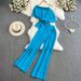 Women's Clothing elegant short sleeved oblique collar, off shoulder waisted short top, two piece suit, high waist wide leg pants_maomaolike.com