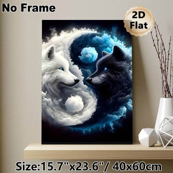 Yin-Yang Wolves Painting Poster, Mystical Surreal Cloud-Wrapped Poster, Striking Design With Glowing Blue-eyed Wolves, Suitable For Living Room And_maomaolike.com