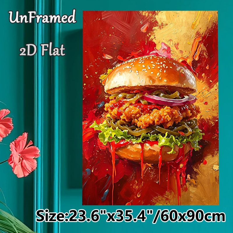 Crispy Chicken Burger Painting Poster, Vibrant Impasto-style Burger Poster, Bold Color-saturated Design Ideal For Diners, Kitchens And Food-themed_maomaolike.com