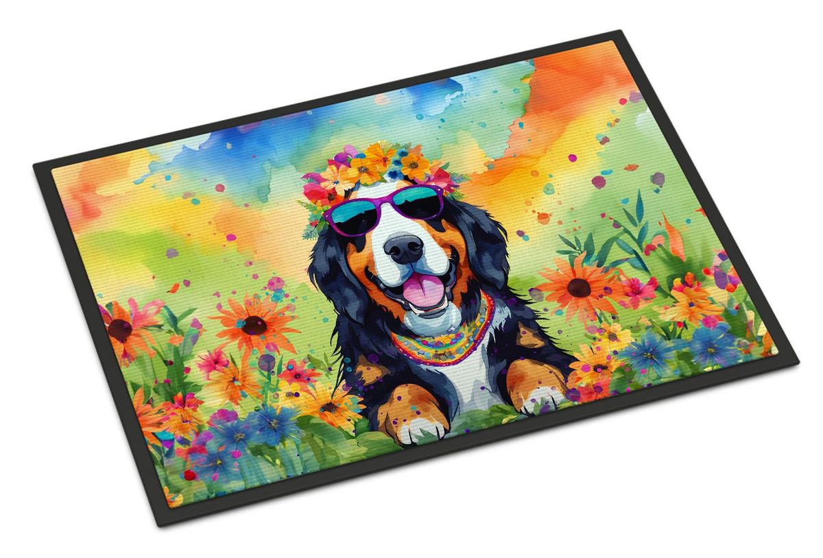Bernese Mountain Dog Hippie Dawg Doormat Front Door Mat Indoor Outdoor Rugs For Entryway, Non Slip Washable Low Pile, 24H X 36W_maomaolike.com