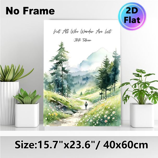Wanderlust Mountain Trail Painting Poster, Soft Watercolor Scenic Path With Wildflowers And Hiker Poster, Inspirational "Not All Who Wander Are Lost_maomaolike.com