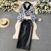 Women's Clothing Hong Kong style chic suit collar floral chiffon shirt high waist tight PU leather skirt female high end outfit two piece suit_maomaolike.com