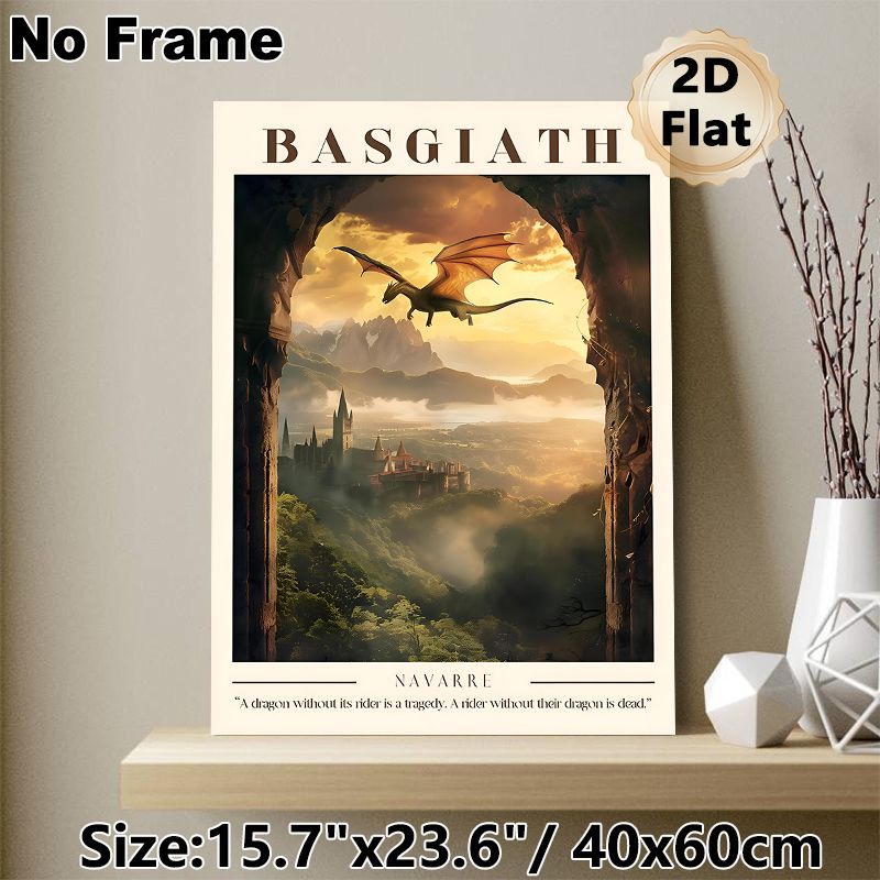 Basgiath Dragon & Castle Painting Poster, Atmospheric Fantasy Style Poster, Captivating Scene Of Dragon Flying Over Misty Mountain Castle At Golden_maomaolike.com