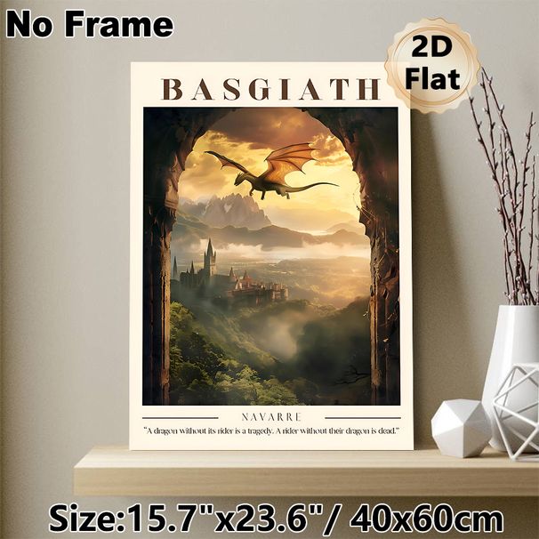 Basgiath Dragon & Castle Painting Poster, Atmospheric Fantasy Style Poster, Captivating Scene Of Dragon Flying Over Misty Mountain Castle At Golden_maomaolike.com