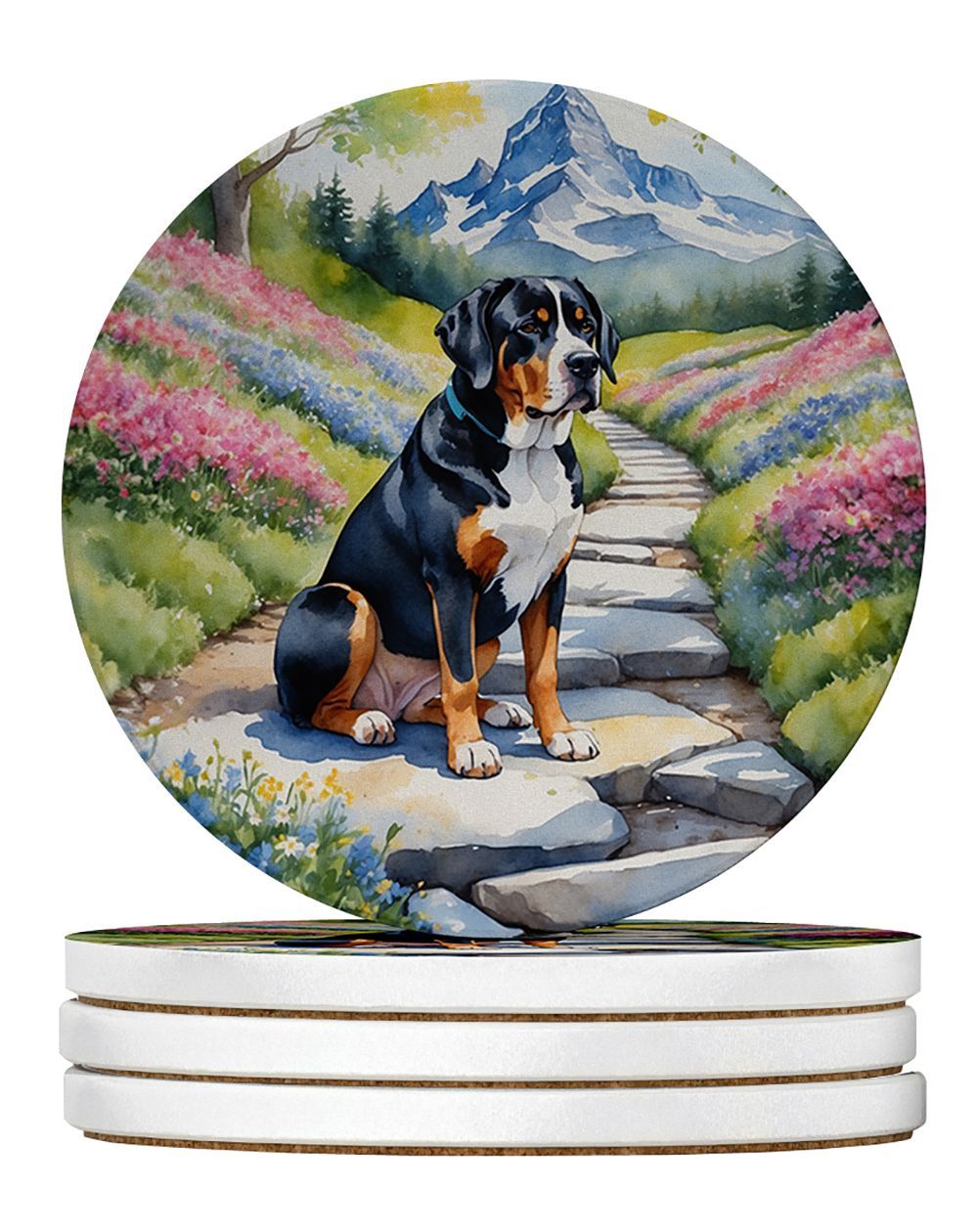 Greater Swiss Mountain Dog Spring Path Large Sandstone Coasters Pack Of 4 Absorbent Round Coasters Decor Gifts For Men Or Women, 4 In, Multicolor_maomaolike.com
