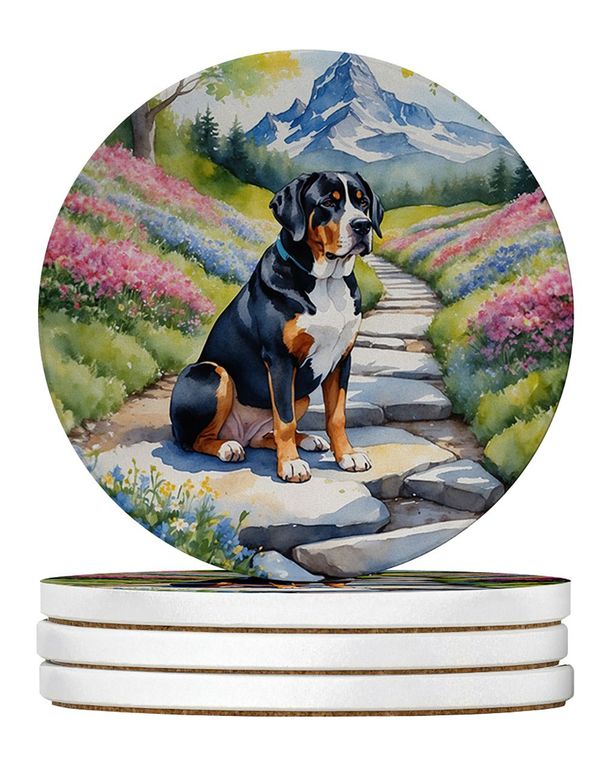 Greater Swiss Mountain Dog Spring Path Large Sandstone Coasters Pack Of 4 Absorbent Round Coasters Decor Gifts For Men Or Women, 4 In, Multicolor_maomaolike.com