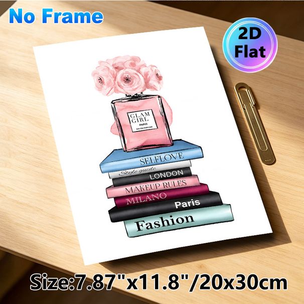 Fashion & Perfume Themed Painting Poster, Soft Watercolor-style Stylish Poster, Pink Perfume Bottle With Pink Flowers Atop Fashion Books, Elegant_maomaolike.com