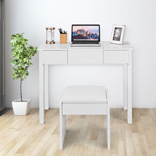 Vanity Makeup Dressing Table Set With Flip Top Mirror And Cushioned Stool-White_maomaolike.com