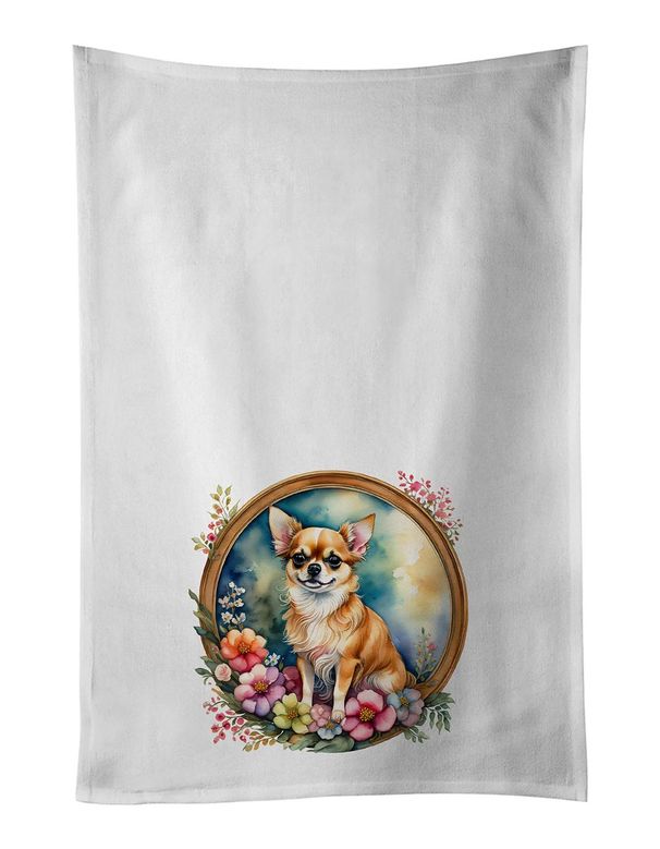 Chihuahua And Flowers Kitchen Towel Set Of 2 White Dish Towels Decorative Bathroom Hand Towel For Hand, Face, Hair, Yoga, Tea, Dishcloth, 19 X 28", White_maomaolike.com