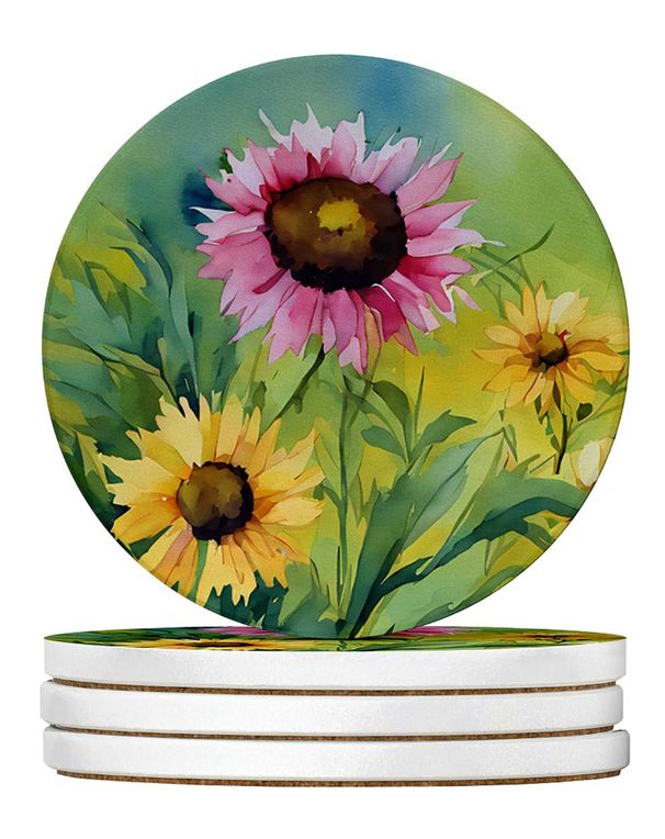 Kentucky Goldenrod In Watercolor Large Sandstone Coasters Pack Of 4 Absorbent Round Coasters Decor Gifts For Men Or Women, 4 In, Multicolor_maomaolike.com