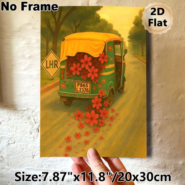 Floral Auto Rickshaw Painting Poster, Warm-hued Whimsical Art Poster, Charming Nostalgic Design Ideal For Living Room, Hallway Wall Decor_maomaolike.com