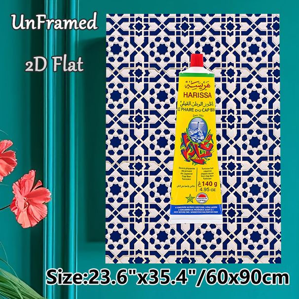 Harissa Sauce Tube & Moroccan Tile Themed Painting Poster, Vibrant Cultural Culinary Poster, Authentic North African Inspired Decor Idea For Kitchen_maomaolike.com