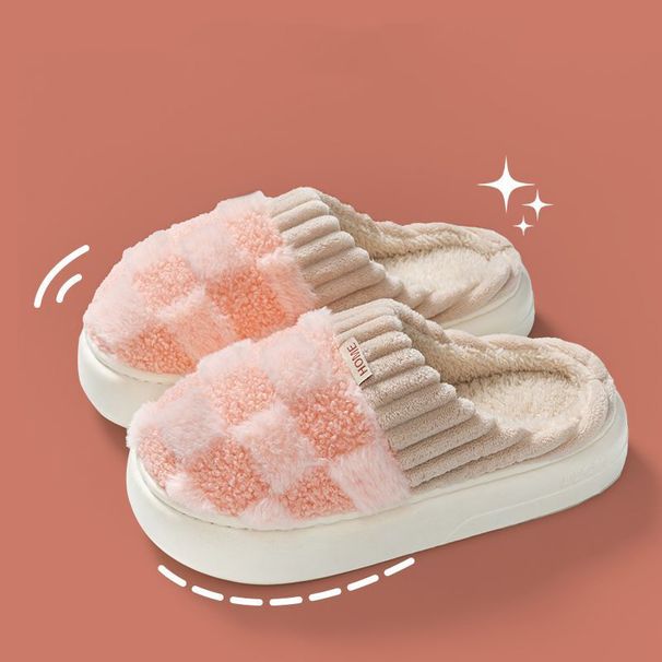 Fashion Couple Winter Slides Warm Plaid Fluffy Slippers Soft Sole Flip Flops For Women And Men Home Indoor Non-slip_maomaolike.com
