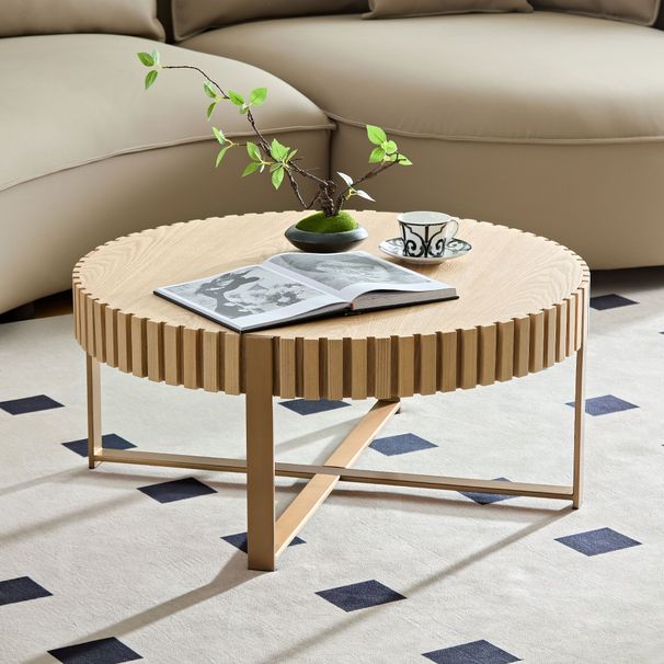 Modern Handcraft Drum Coffee Table 31.5 Inch Round Coffee Table For Living Room,Small Coffee Table With Sturdy Pedestal_maomaolike.com