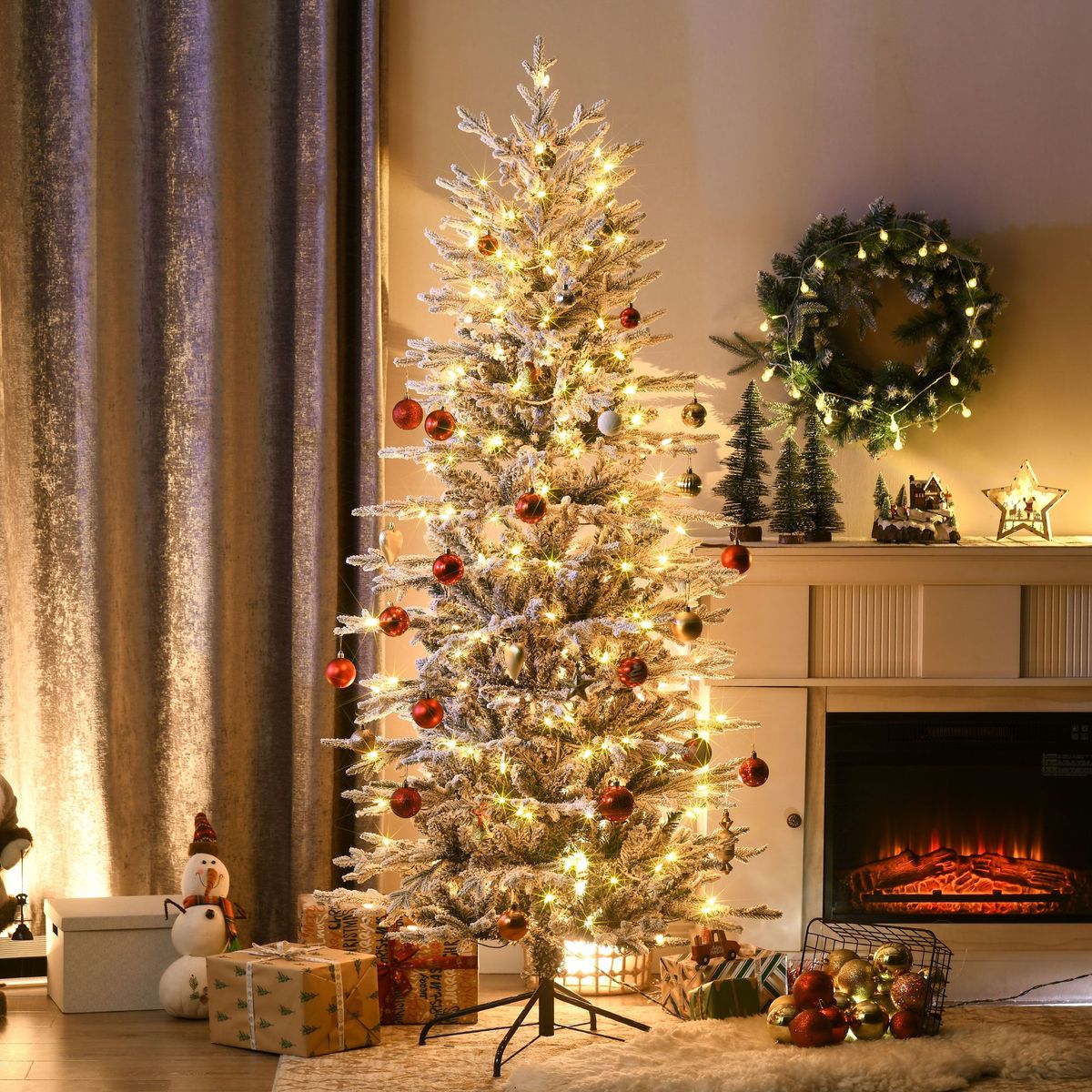 6ft Tall Prelit Artificial Christmas Tree Holiday Décor With 636 Snow Flocked Branches, 250 Warm Yellow Clear Lights, Auto Open, Extra Bulb_maomaolike.com