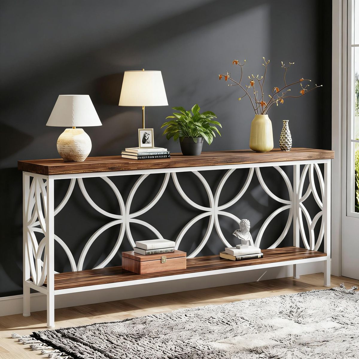 2-Tier Console Table, Industrial Sofa Table Behind Couch_maomaolike.com