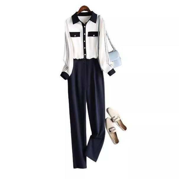 Women's Clothing temperament professional fashion suit women autumn contrast shirt casual long pants two piece suit_maomaolike.com