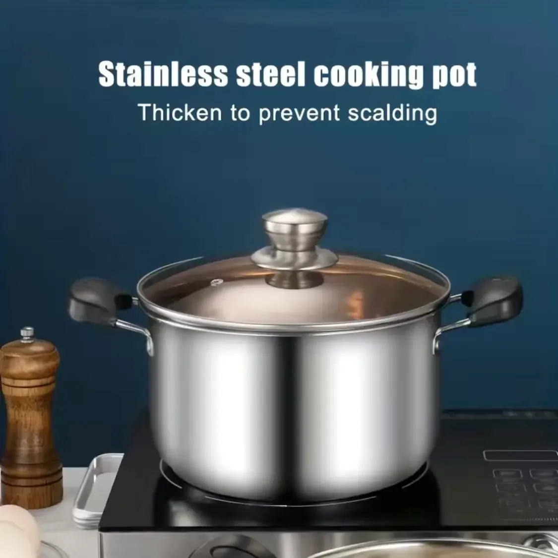 Multipurpose Stainless Steel Soup Pot: Perfect For Induction Cooking With Thick Base, Glass Lid & Elegant Design_maomaolike.com