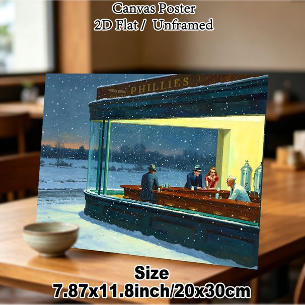 Snowy Late-night Diner Scene Painting Poster, Vintage Realistic Warm-lit Diner With Figures Poster, Atmospheric Nostalgic Artwork For Living Room_maomaolike.com